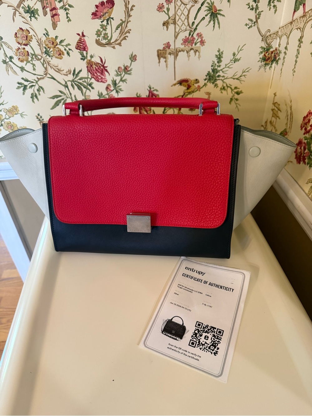 Celine Tricolor Top-Handle Satchel in Red, Black & White